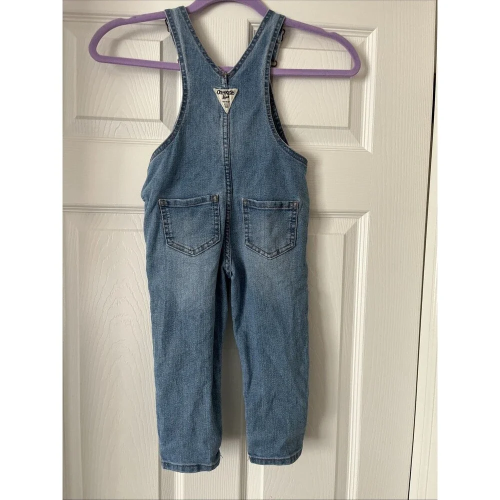 Oshkosh B'Gosh Toddler Vestbak Size 2T  Blue Jean Overalls Ruffle On Pockets